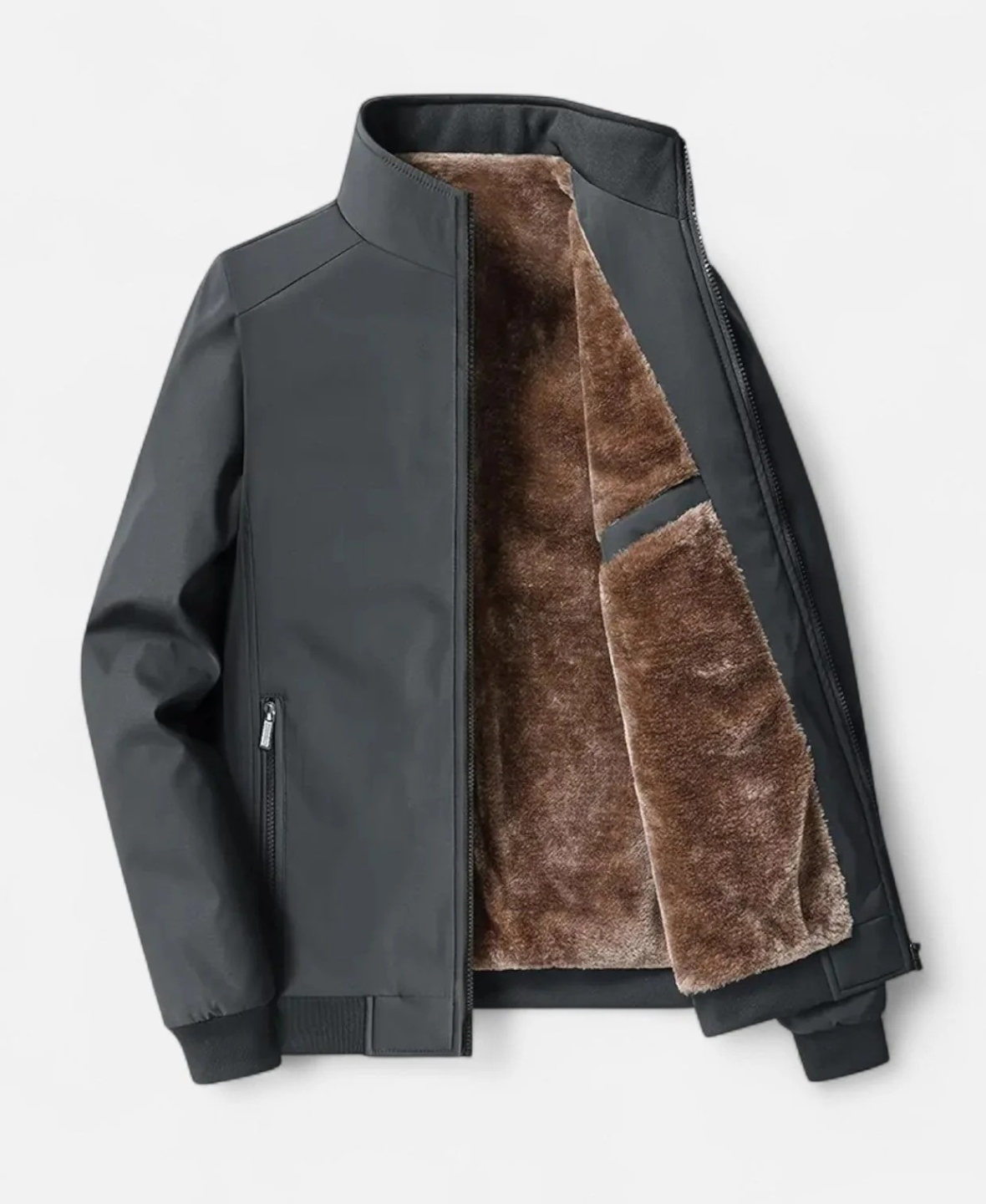 Men’s Fleece-Lined Winter Jacket with Stand Collar and Zip Closure