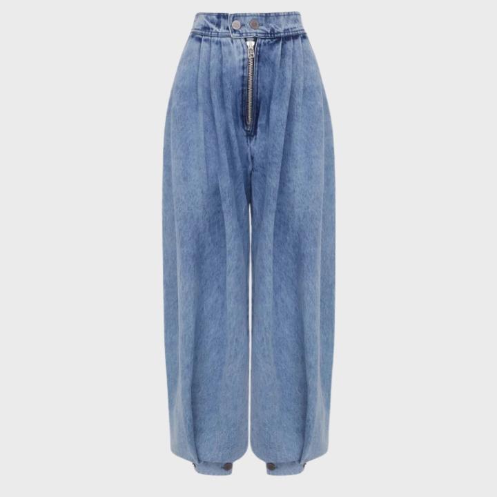 Women's Blue Light Wash High Waist Pleated Balloon Jeans