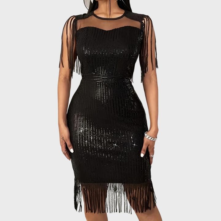 Women's High-Waisted Sequin Bodycon Evening Dress with Fringe Hem