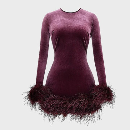 Women's Black Long Sleeve Feather Hem Dress