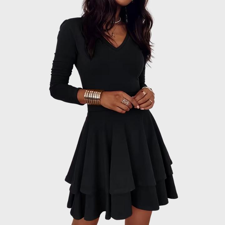Women’s Solid Color Long-Sleeve V-Neck Layered Hem Fit-and-Flare Dress