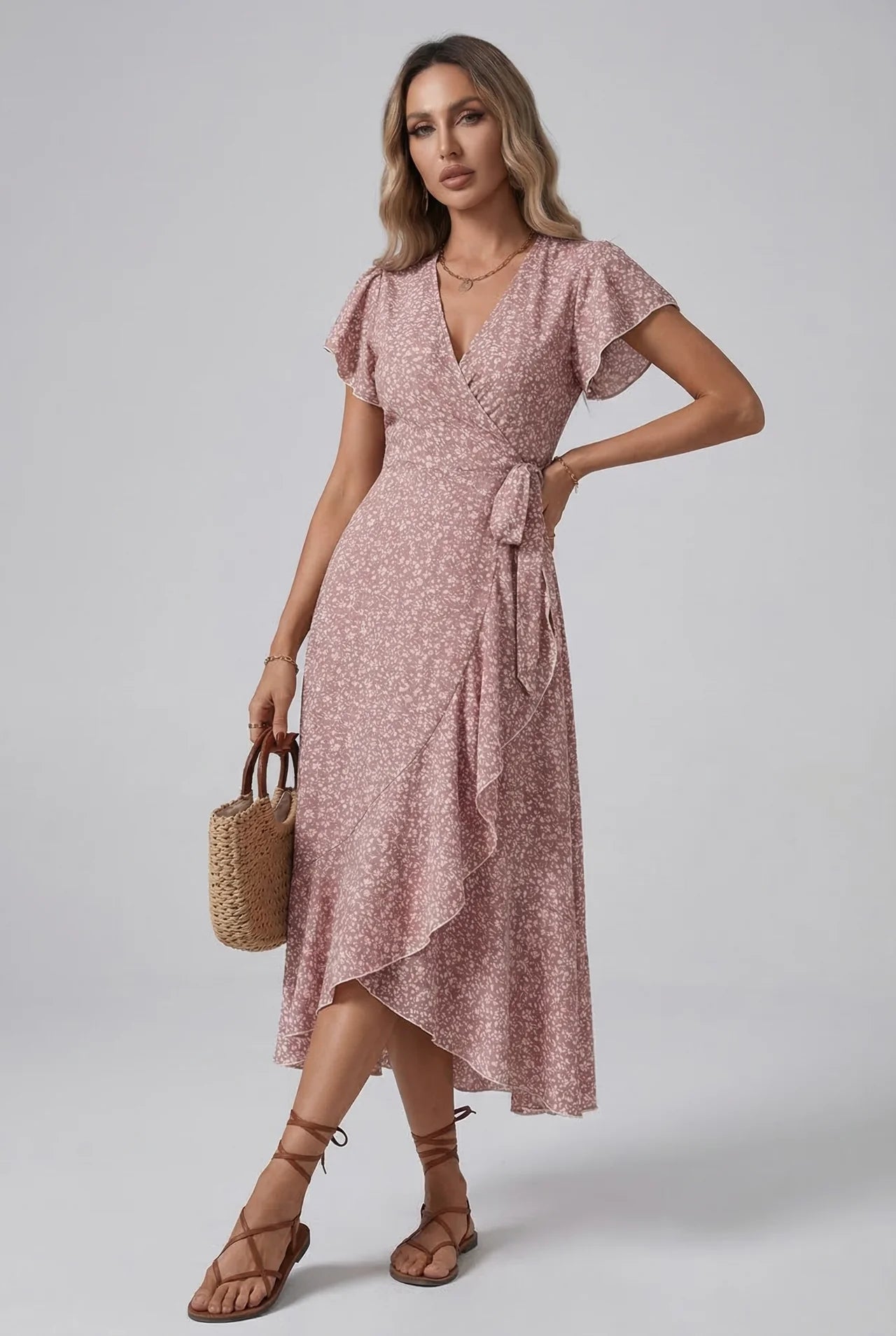 Small Floral Print Wrap V Neck Ruffle Sleeve Maxi Dress