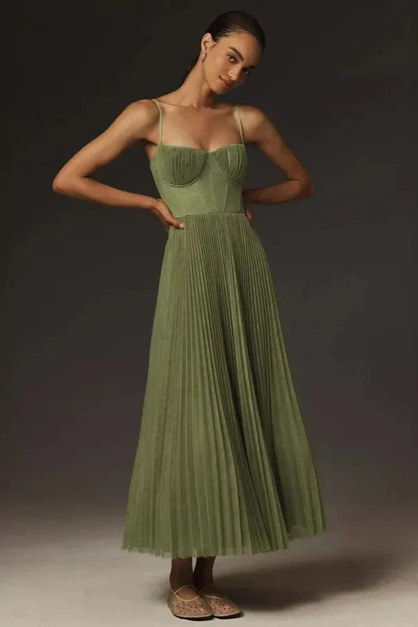 Women's Elegant Olive Green Pleated Fit & Flare Midi Dress