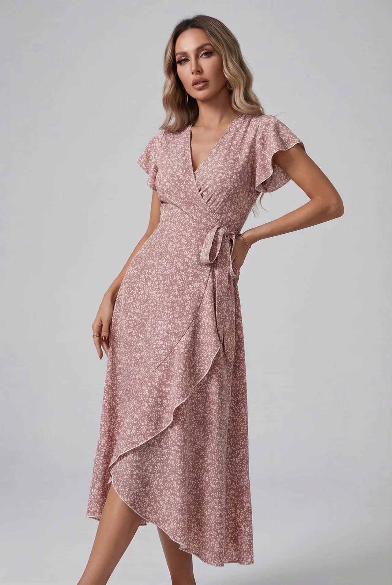 Small Floral Print Wrap V Neck Ruffle Sleeve Maxi Dress