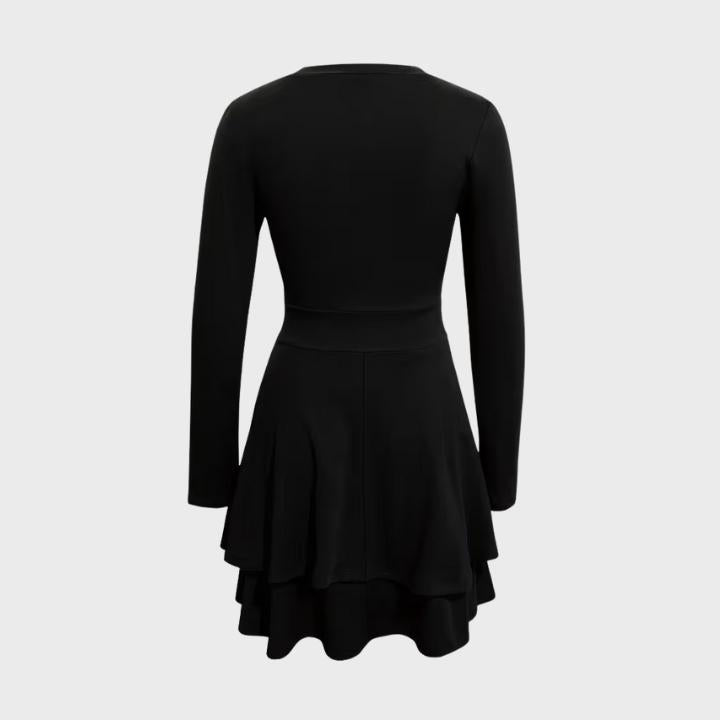 Women’s Solid Color Long-Sleeve V-Neck Layered Hem Fit-and-Flare Dress