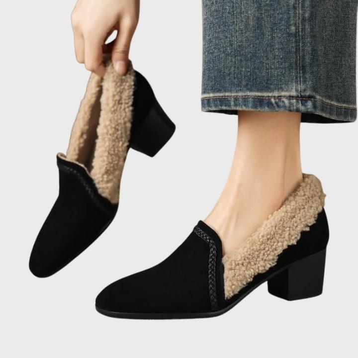 Women's Slip On Block Heel Shoe with Shearling Trim
