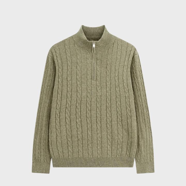 Men's Neutral Textured  Quarter Zip Cable Knit Embroidery Jumper