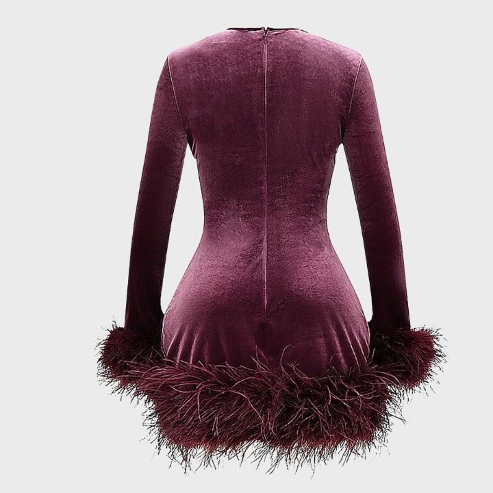 Women's Black Long Sleeve Feather Hem Dress