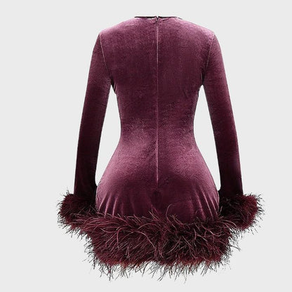 Women's Black Long Sleeve Feather Hem Dress