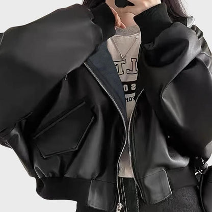 Women’s Oversized Retro Zip-Up Leather Jacket