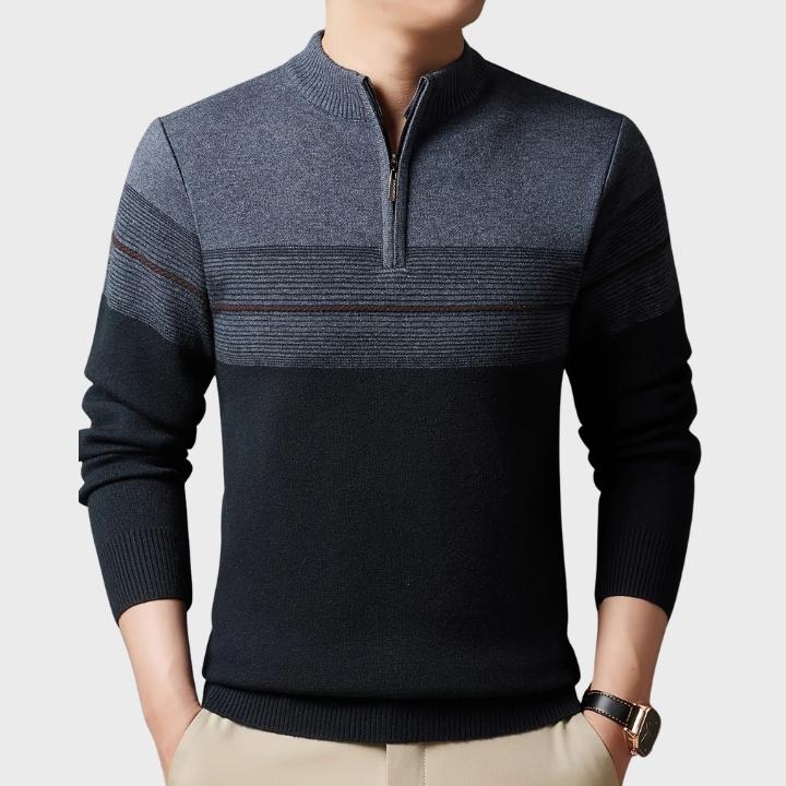 Men's Regular Fit Striped Knit Pullover with Crew Neck Quarter-Zip