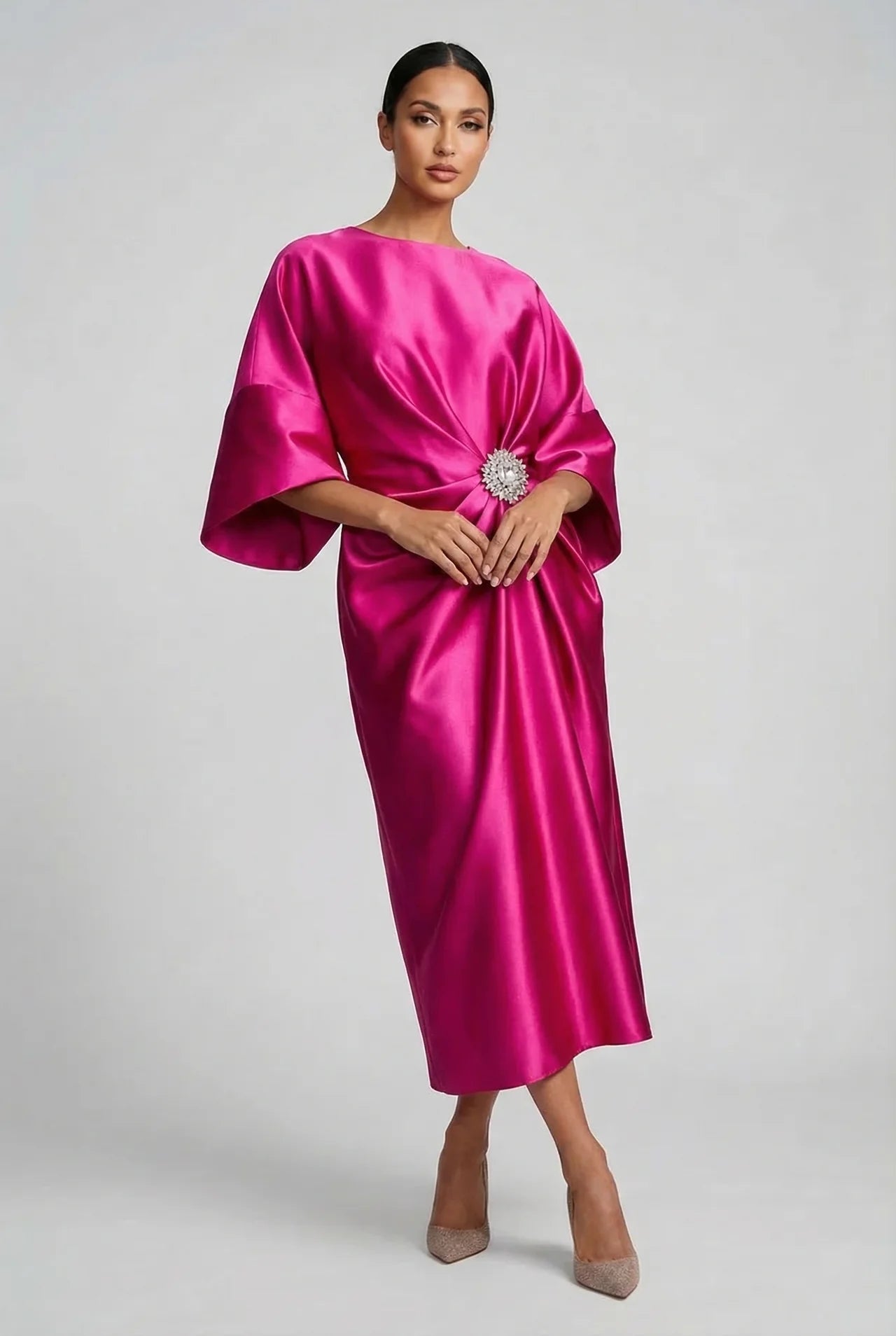 Wedding Guest Satin Style Batwing Jewel Midi Dress