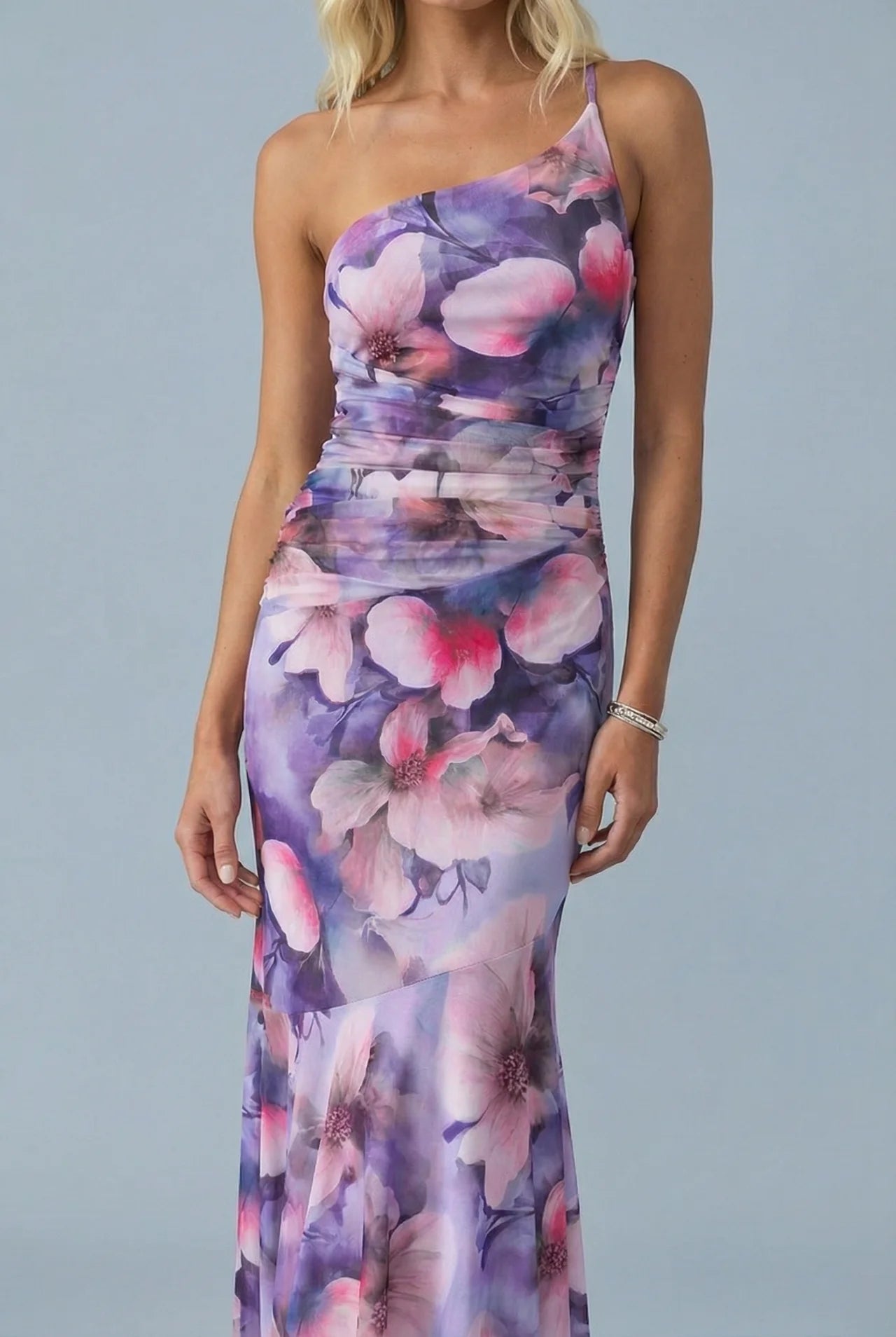 One Shoulder Ruched Floral Bodycon Evening Maxi Dress