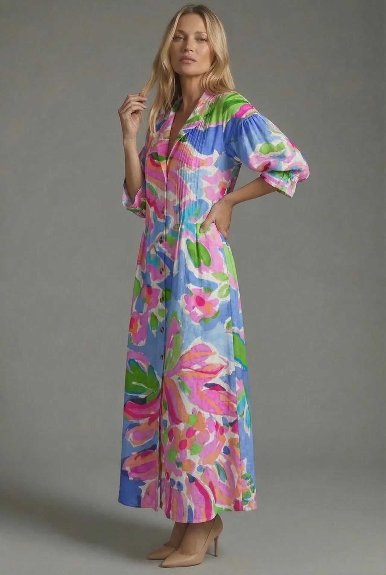 Botanical Pintuck Bodice Button Front Maxi Dress