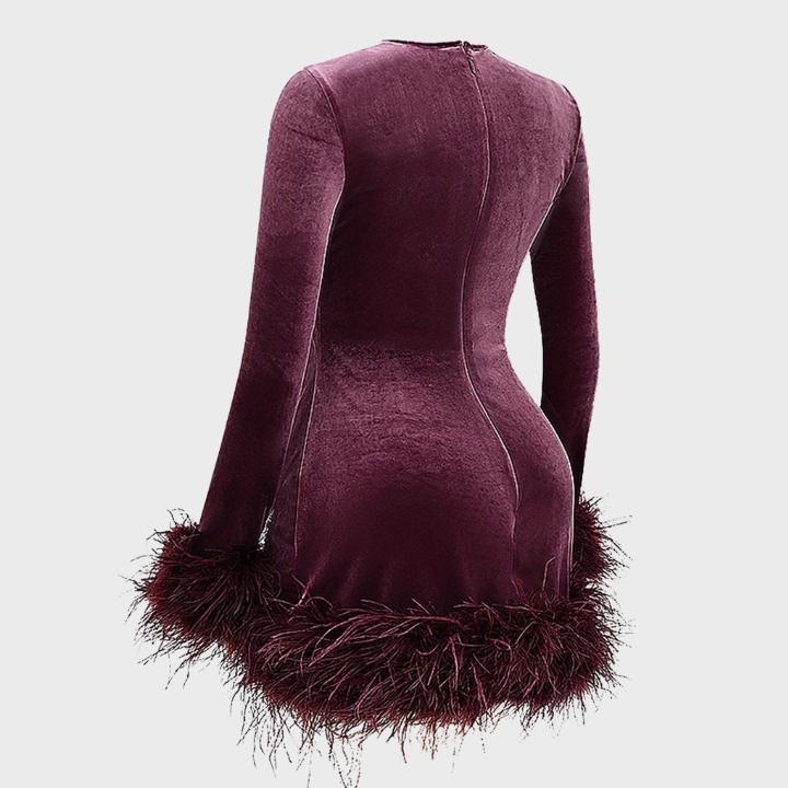 Women's Black Long Sleeve Feather Hem Dress