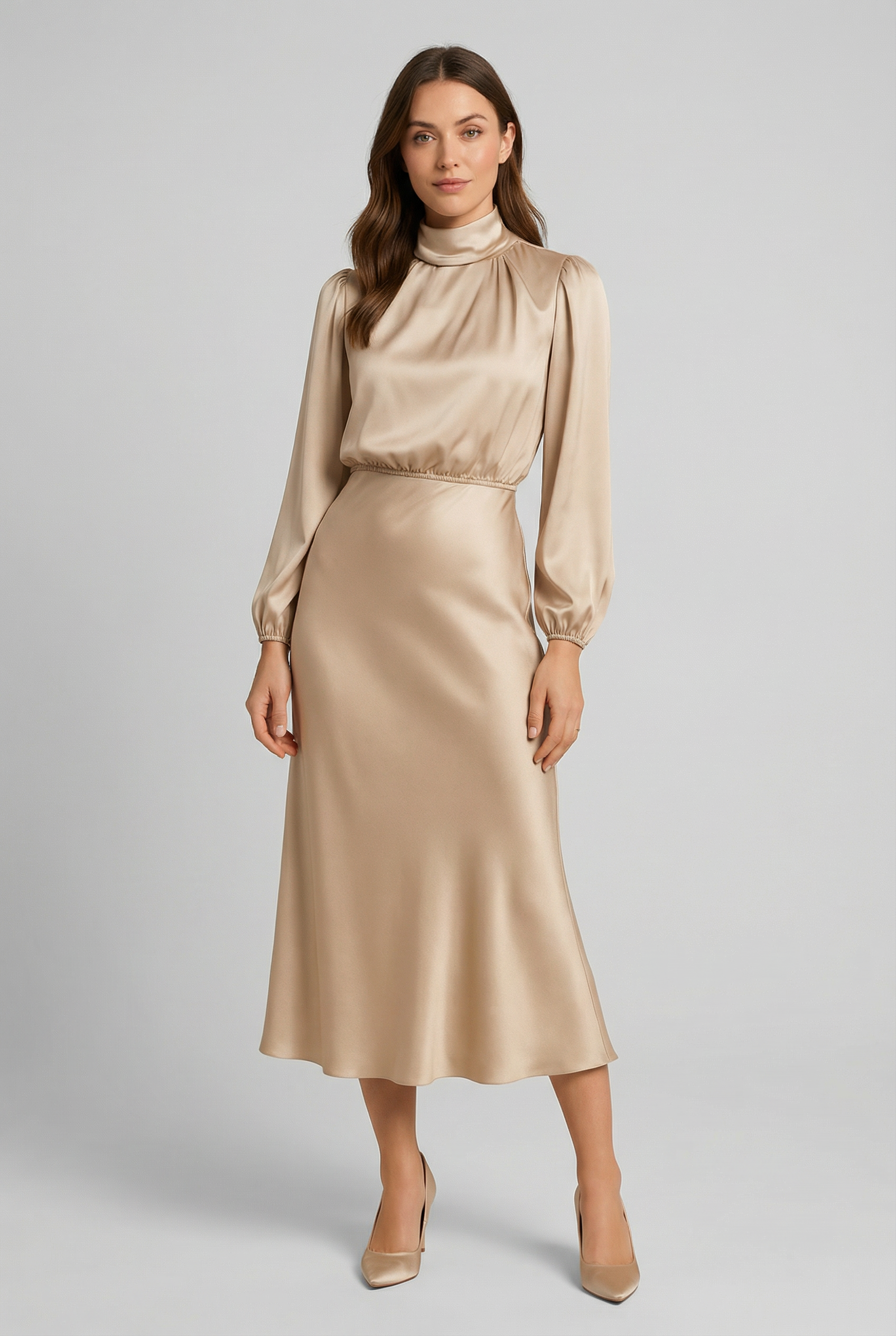 Women's Elegant High-Waist Satin Midi Dress