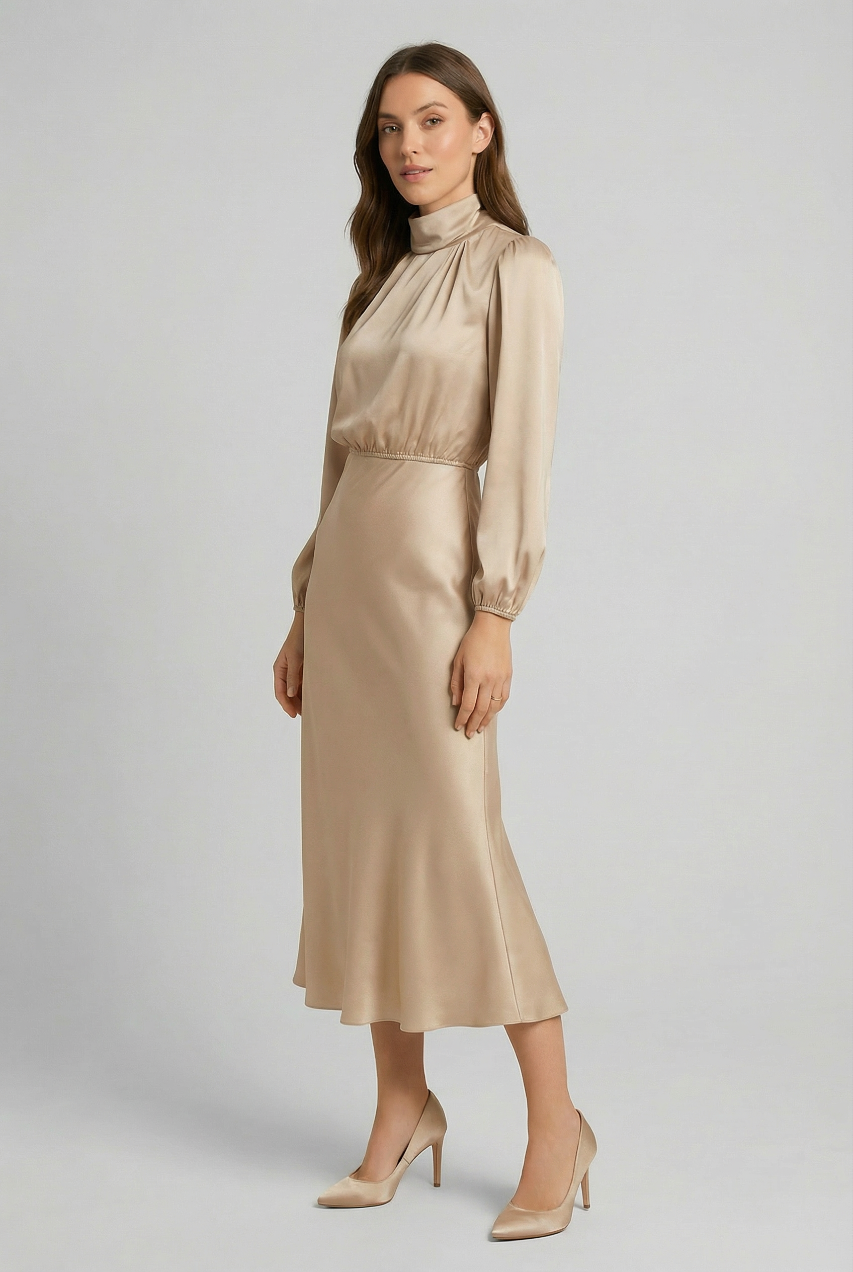 Women's Elegant High-Waist Satin Midi Dress