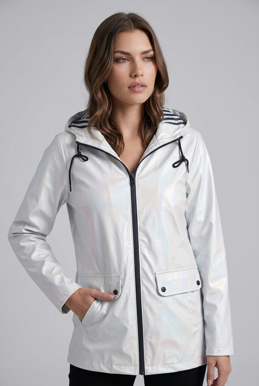 Hooded Striped Lined Zip Front Raincoat Women