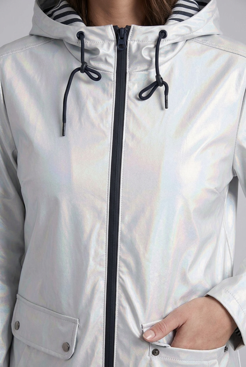 Hooded Striped Lined Zip Front Raincoat Women