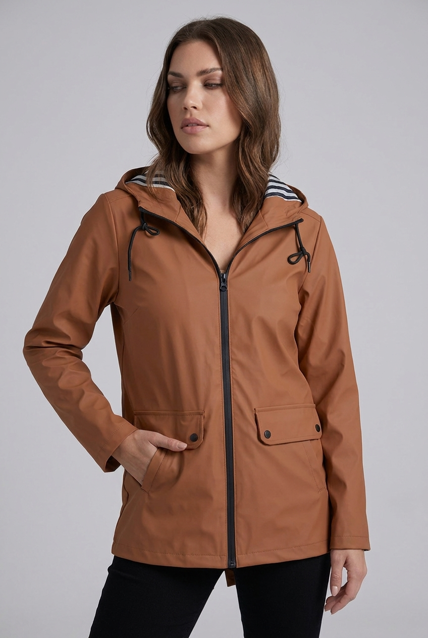 Hooded Striped Lined Zip Front Raincoat Women