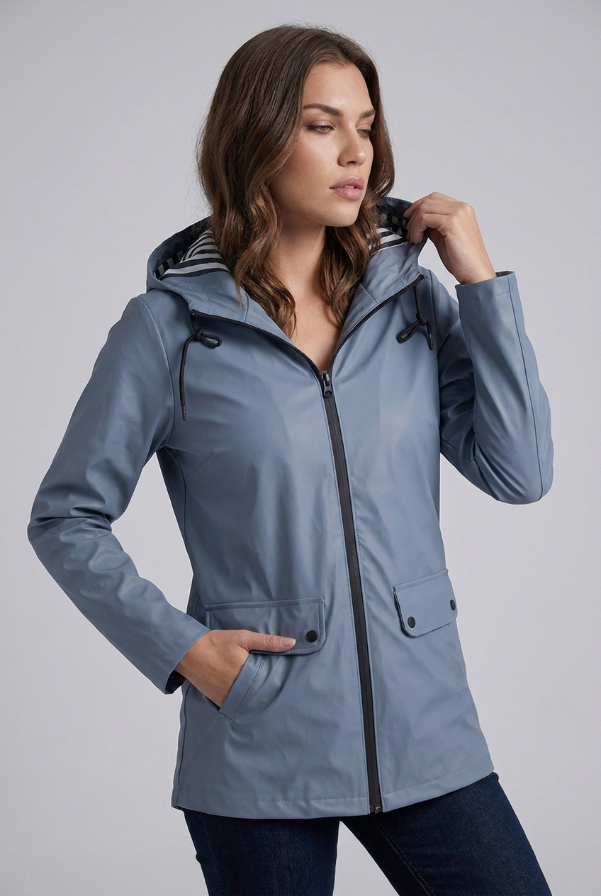 Hooded Striped Lined Zip Front Raincoat Women