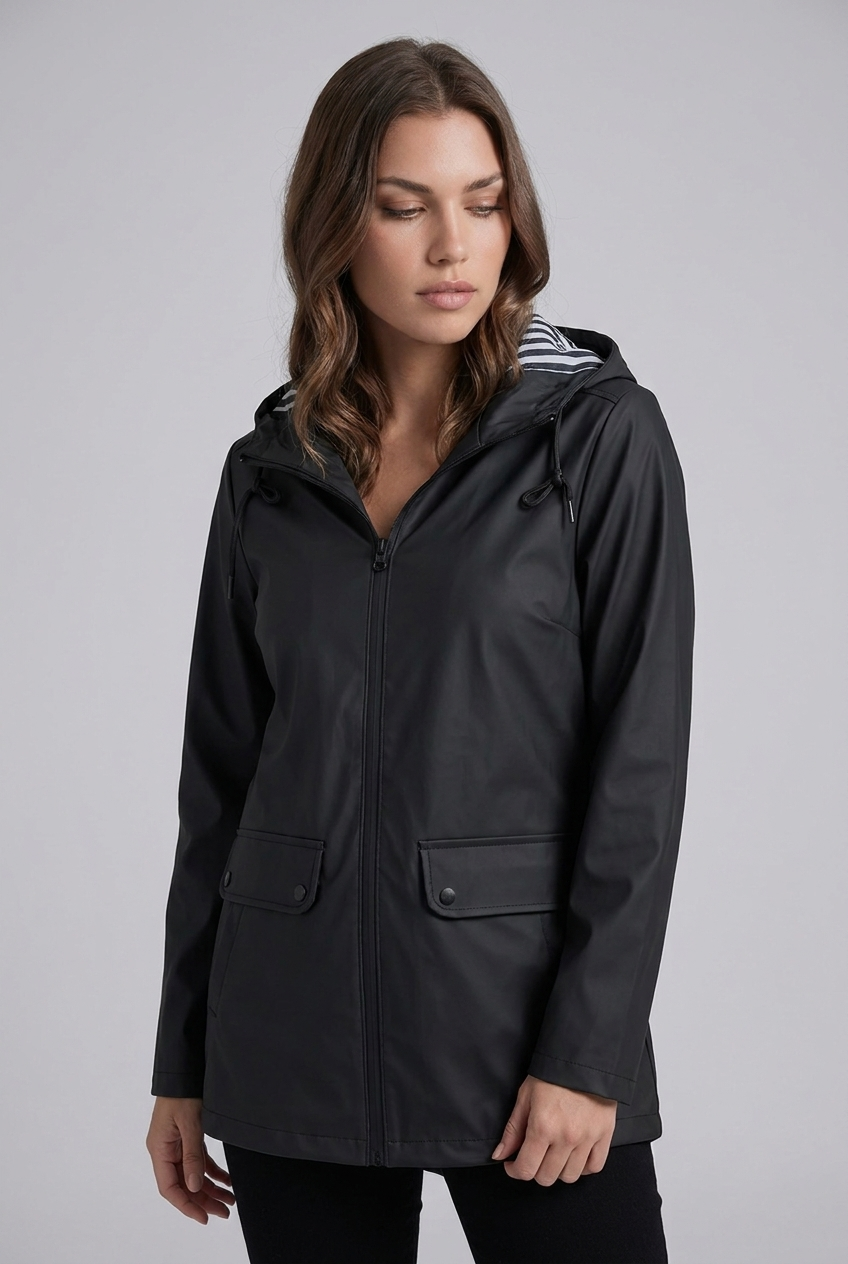 Hooded Striped Lined Zip Front Raincoat Women