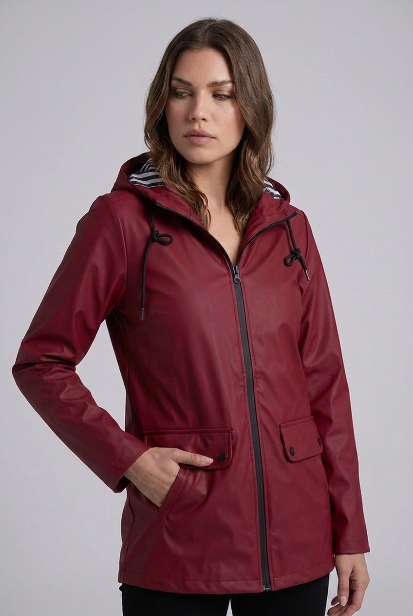 Hooded Striped Lined Zip Front Raincoat Women
