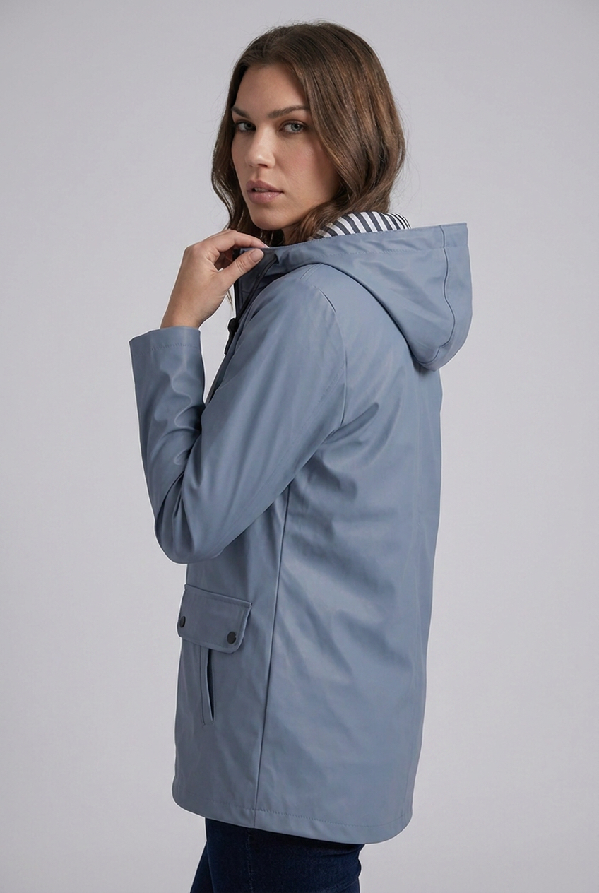 Hooded Striped Lined Zip Front Raincoat Women