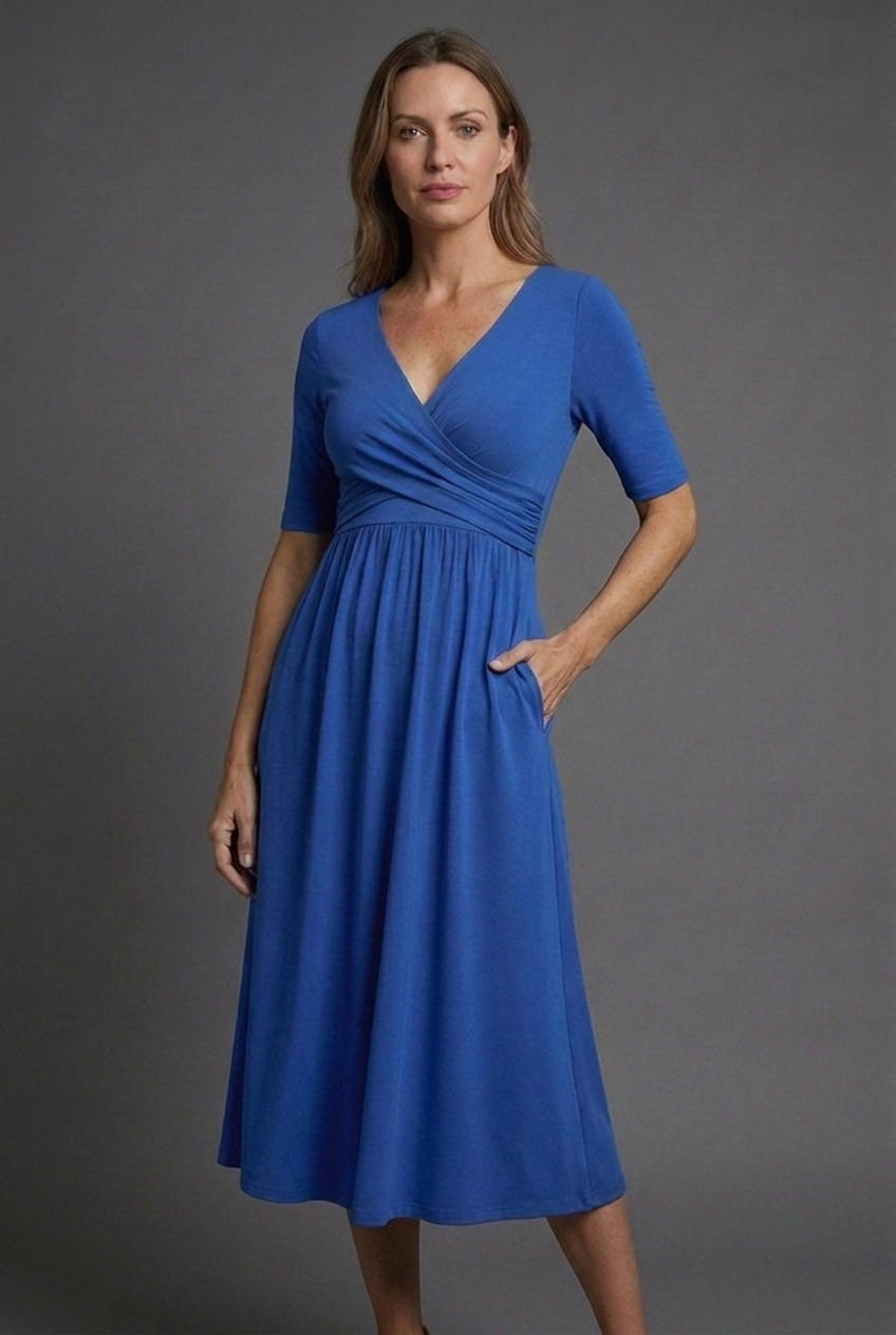 V Neck Wrap Front Short Sleeve Pockets Midi Dress Women