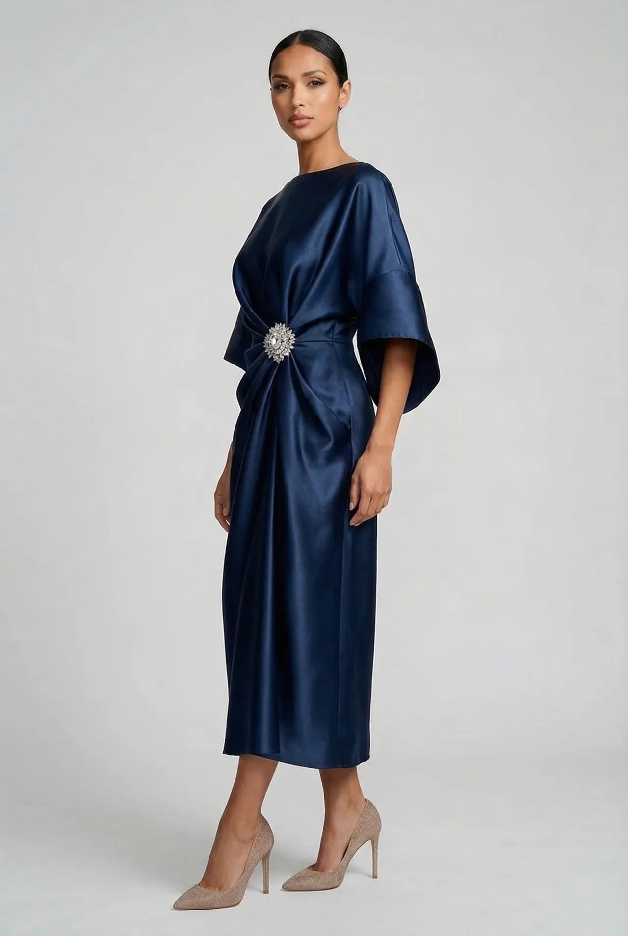 Wedding Guest Satin Style Batwing Jewel Midi Dress