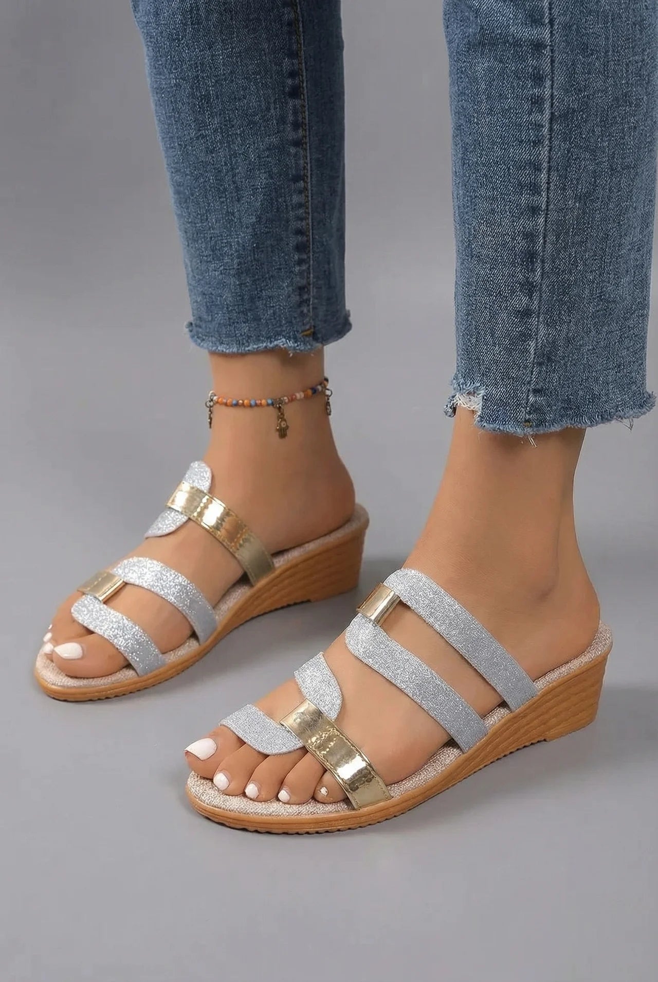 Triple Strap Slip On Comfort Wedge Sandals Women