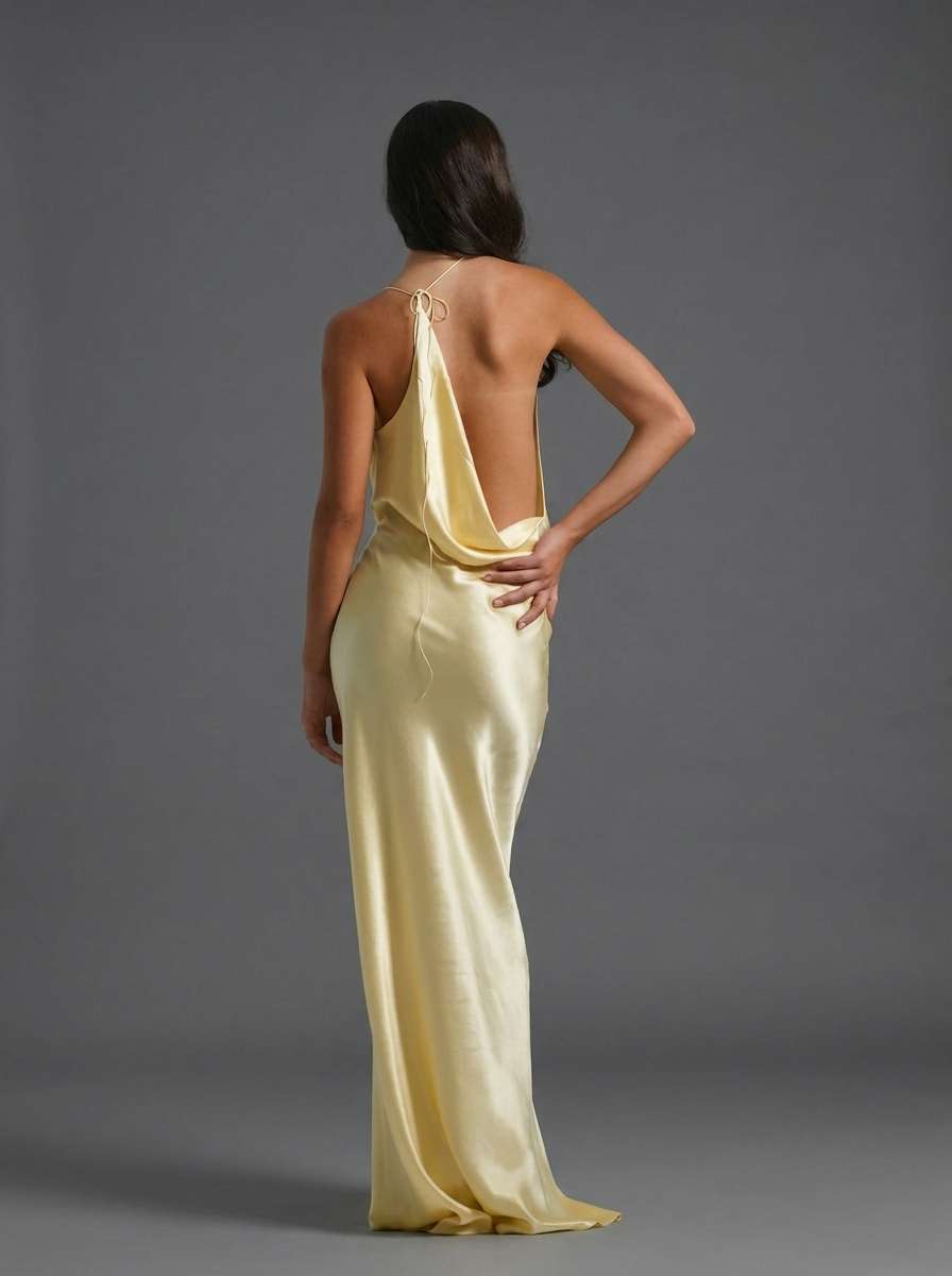 Butter Yellow Satin Style Maxi Dress Cowl Neck Open Back