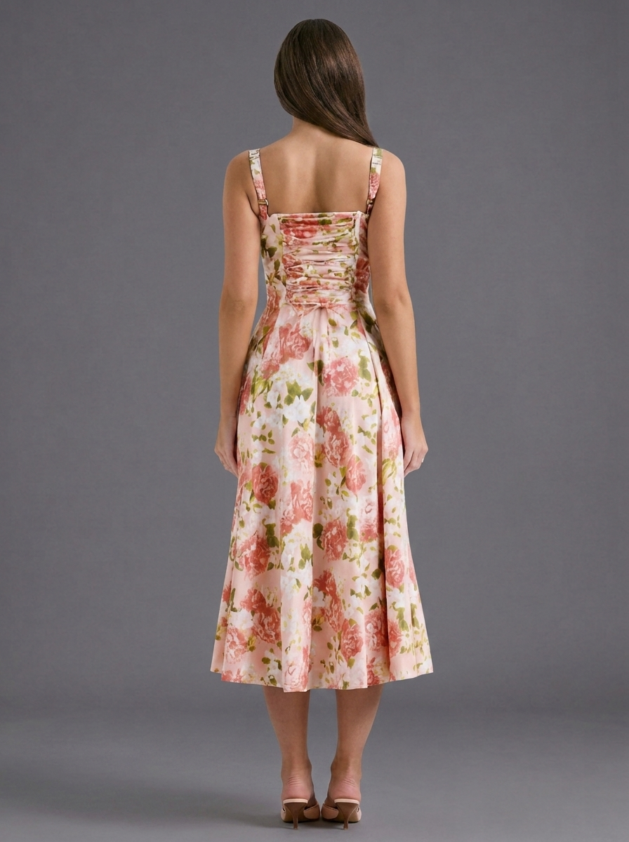Floral Strappy Split Flared Summer Midi Dress