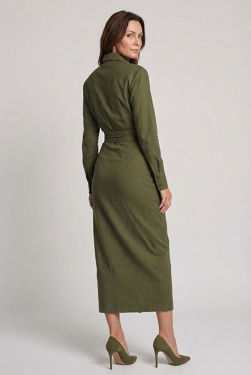 Shirt Collar Ruched Wrap Midi Dress Women