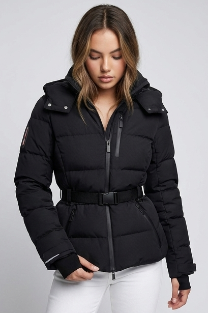 Black Belted Quilted Puffer Jacket With Hood Women