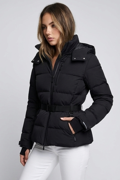 Black Belted Quilted Puffer Jacket With Hood Women