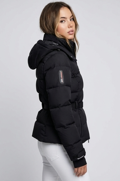 Black Belted Quilted Puffer Jacket With Hood Women