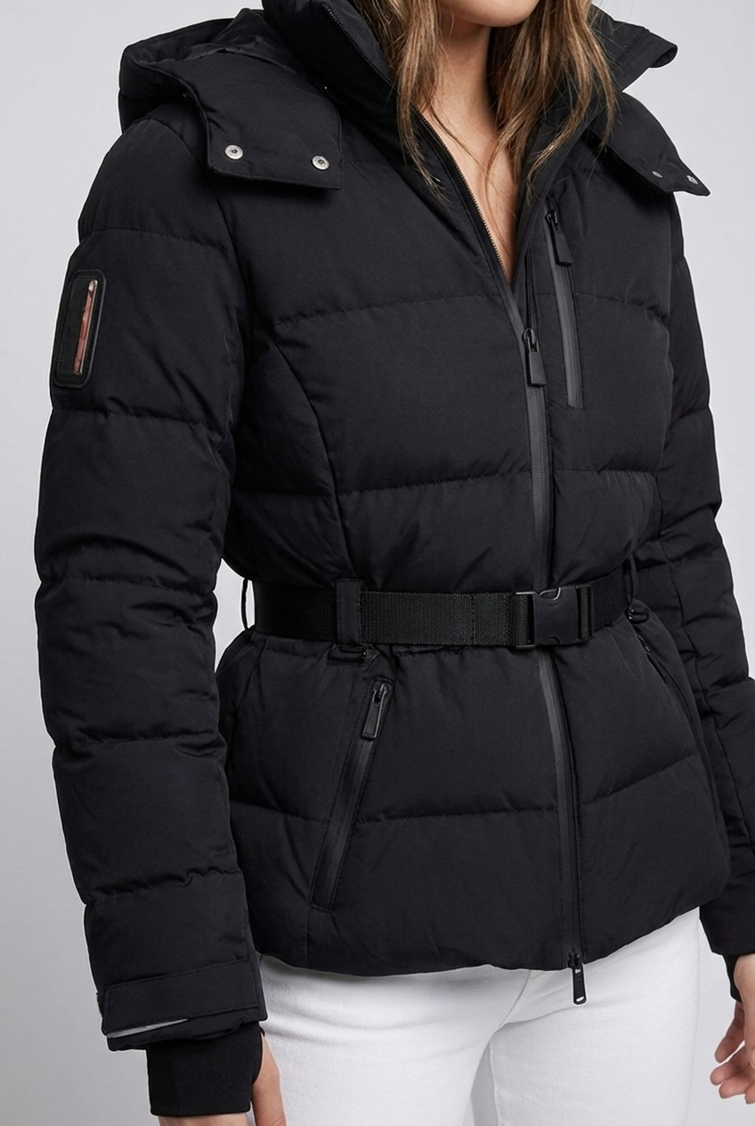 Black Belted Quilted Puffer Jacket With Hood Women