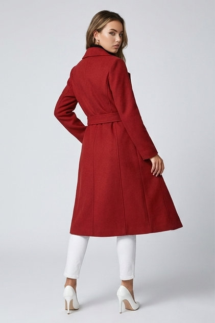 Red Belted Wrap Longline Coat With Waist Tie Women