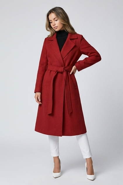 Red Belted Wrap Longline Coat With Waist Tie Women