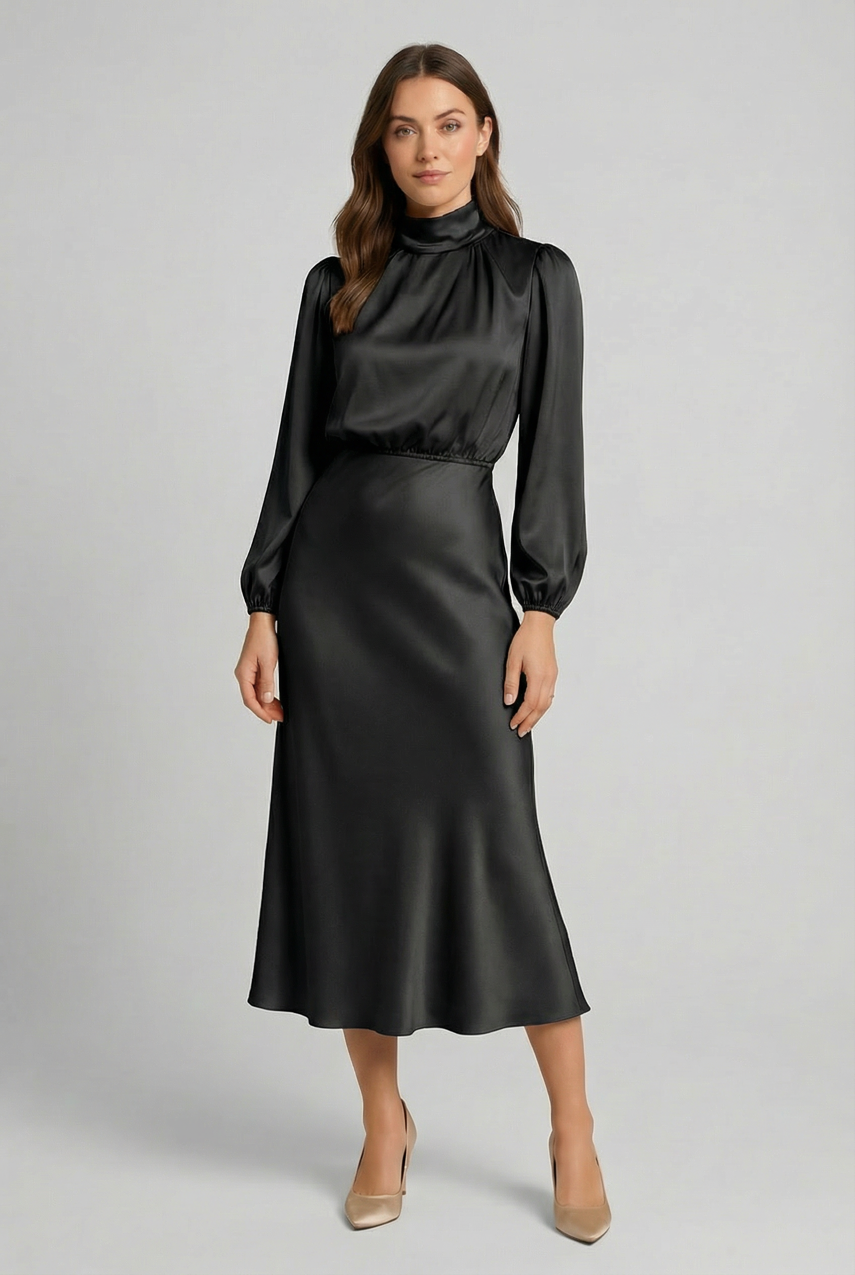 Women's Elegant High-Waist Satin Midi Dress