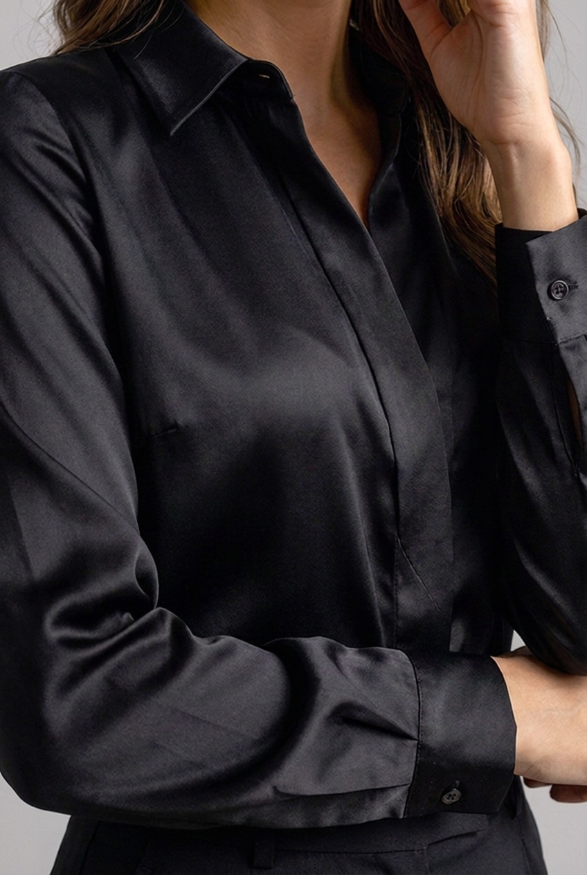 Collared Button Up Satin Style Long Sleeve Blouse