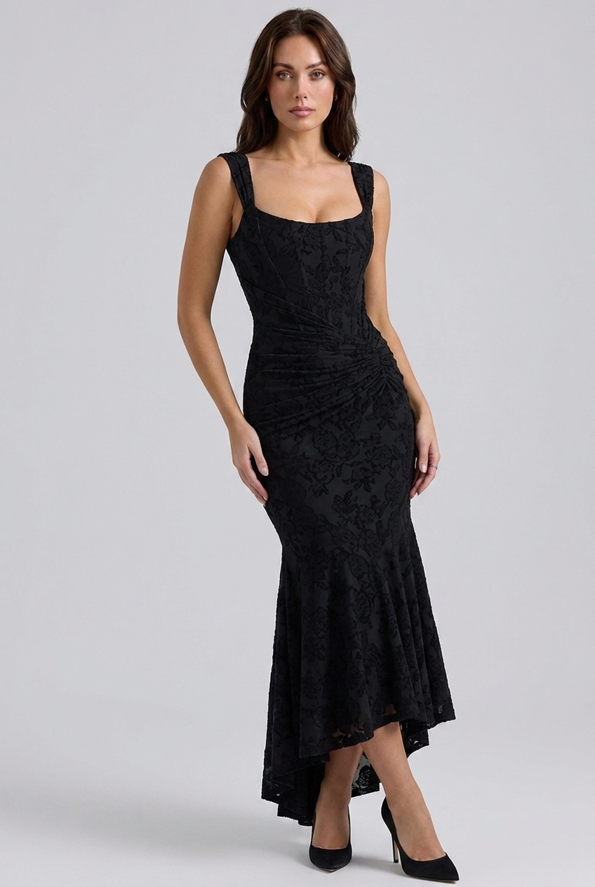 Corset Ruched Fishtail Midi Wedding Guest Dress