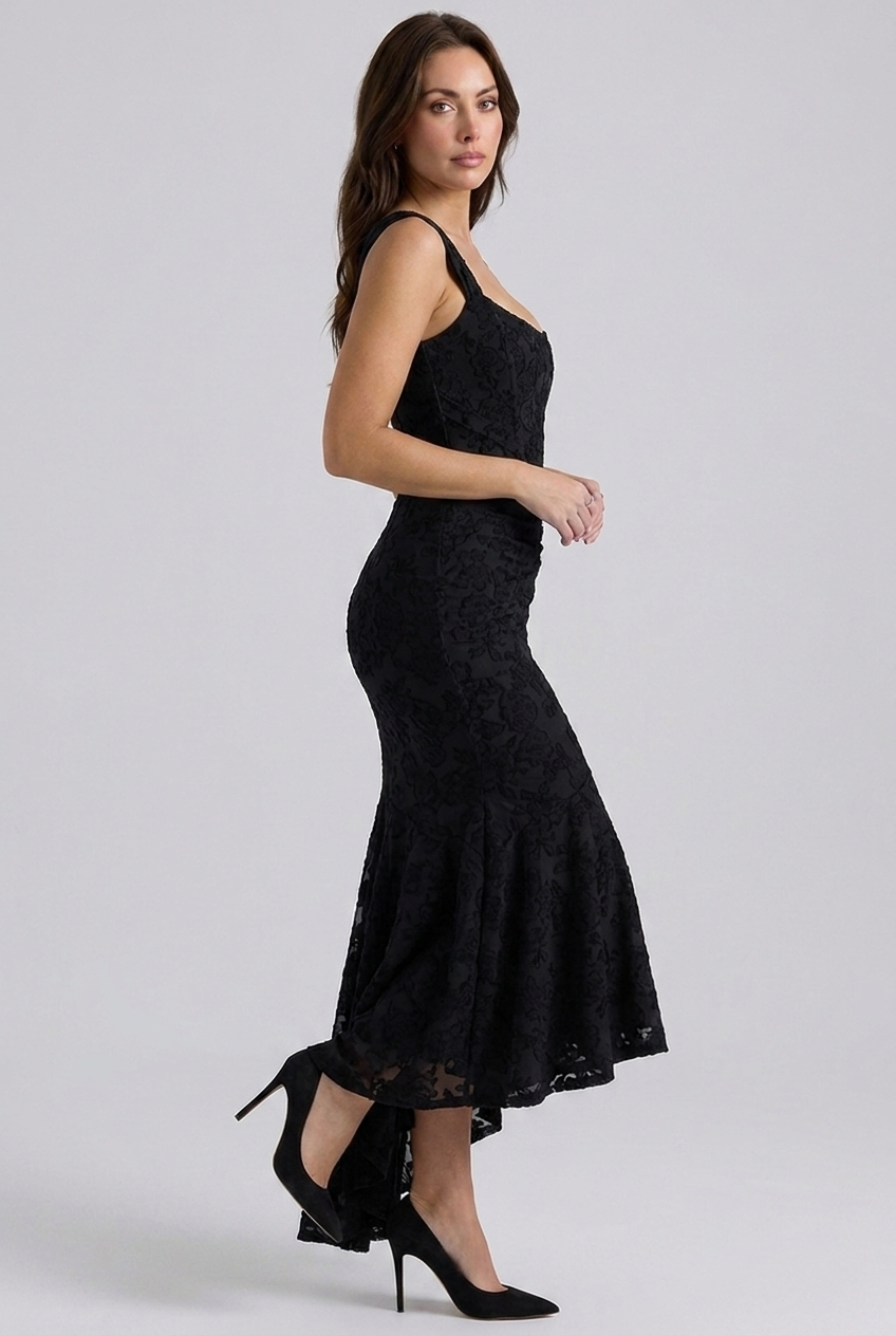 Corset Ruched Fishtail Midi Wedding Guest Dress