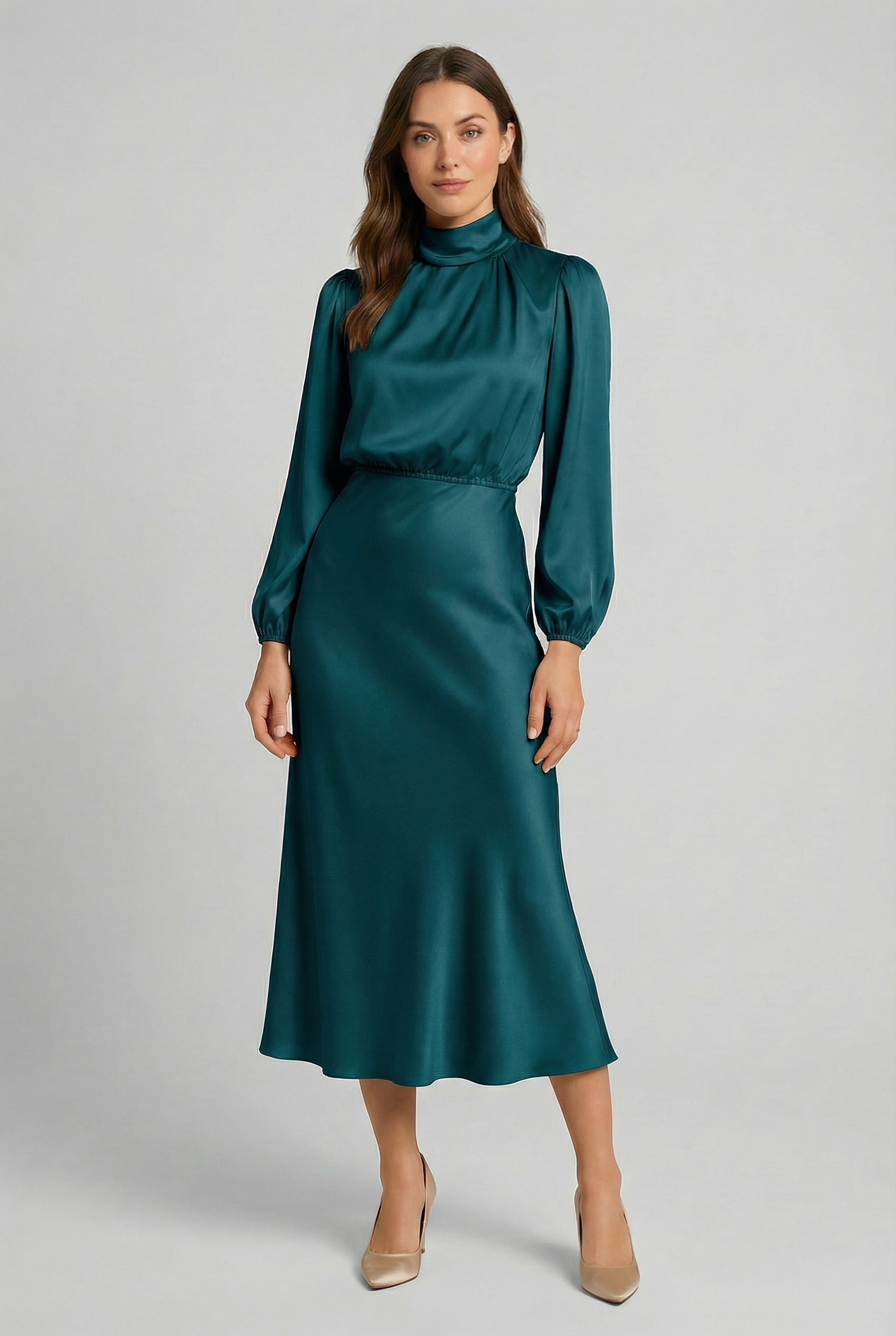 Women's Elegant High-Waist Satin Midi Dress