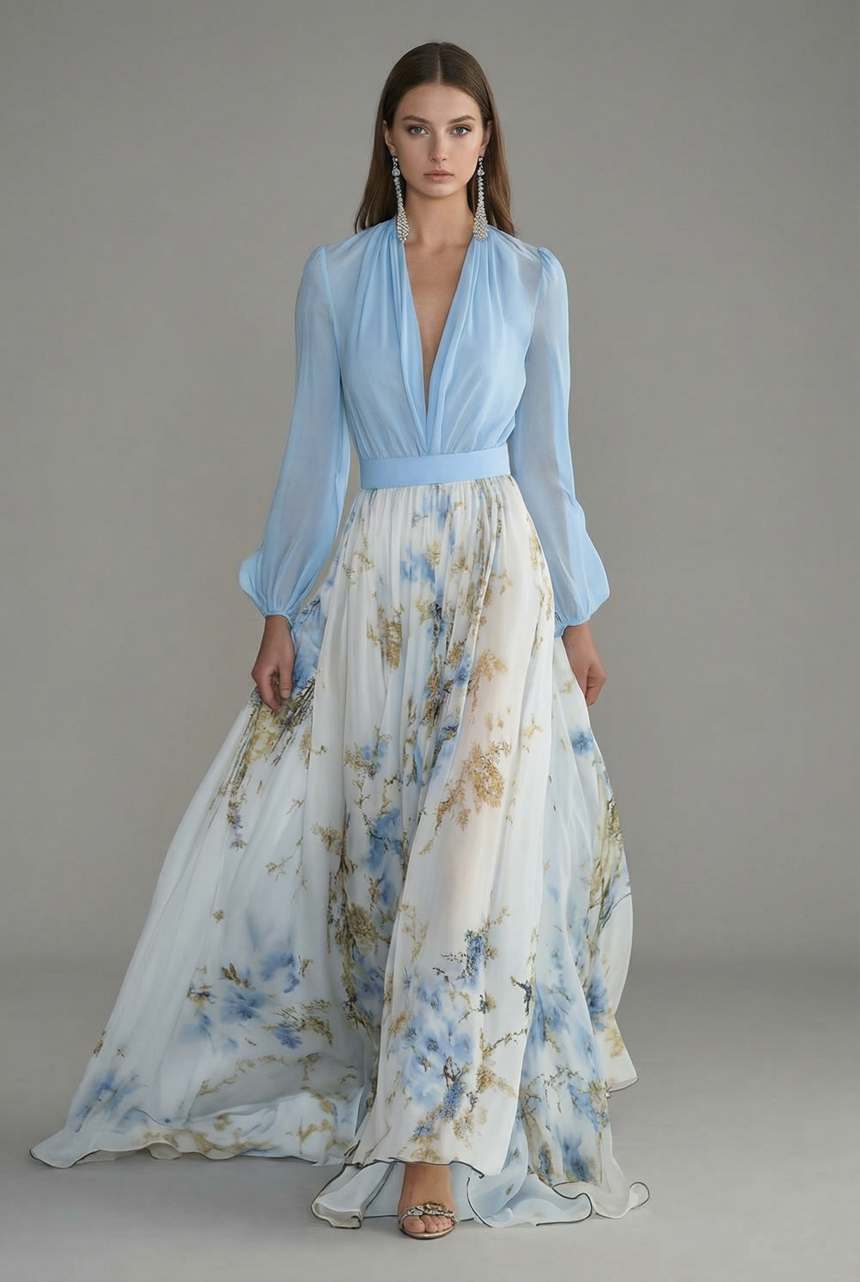 Women's Elegant Blue Floral Sheer Maxi Dress