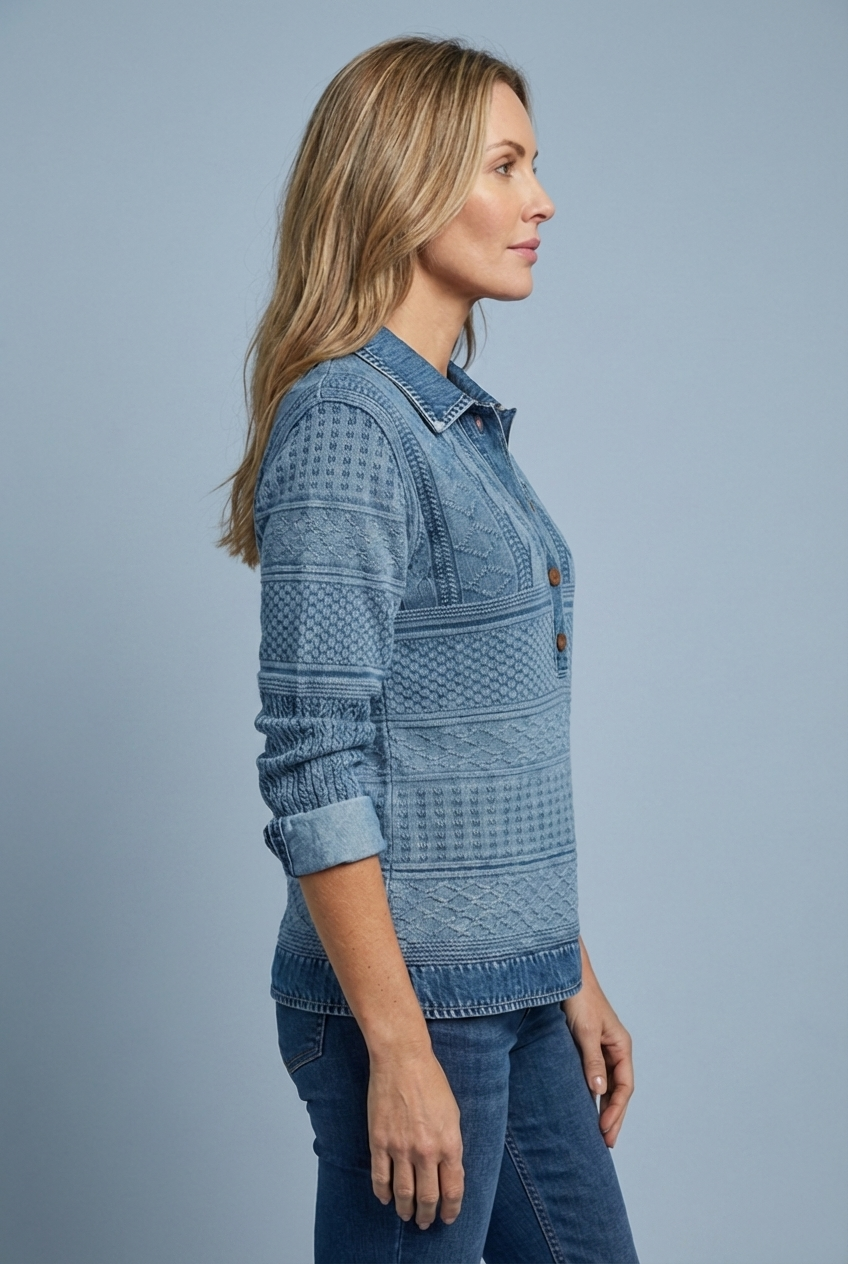 Collared Cable Denim Style Long Sleeve Sweatshirt Women