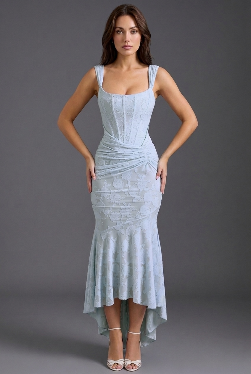 Corset Ruched Fishtail Midi Wedding Guest Dress