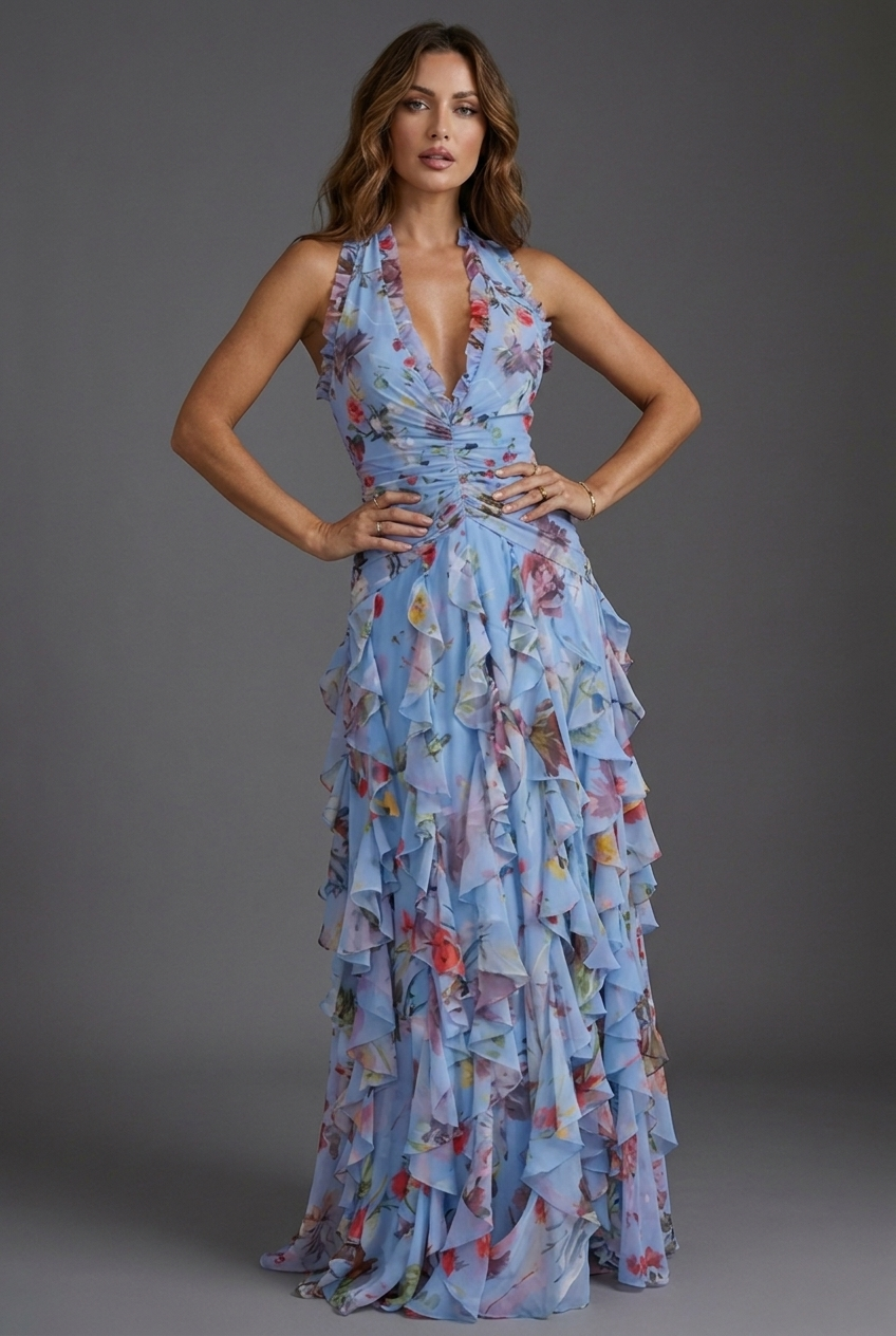 Floral Print Halterneck Ruffle Chiffon Style Ascot Maxi Dress