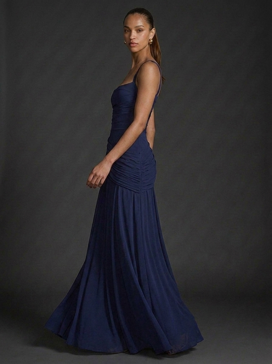 Square Neck Sleeveless Ruched Maxi Wedding Guest Dress